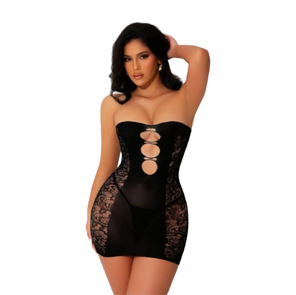 Bodystocking - 1 Pc Sexy Black Strapless Fishnet Short Dress Lingerie