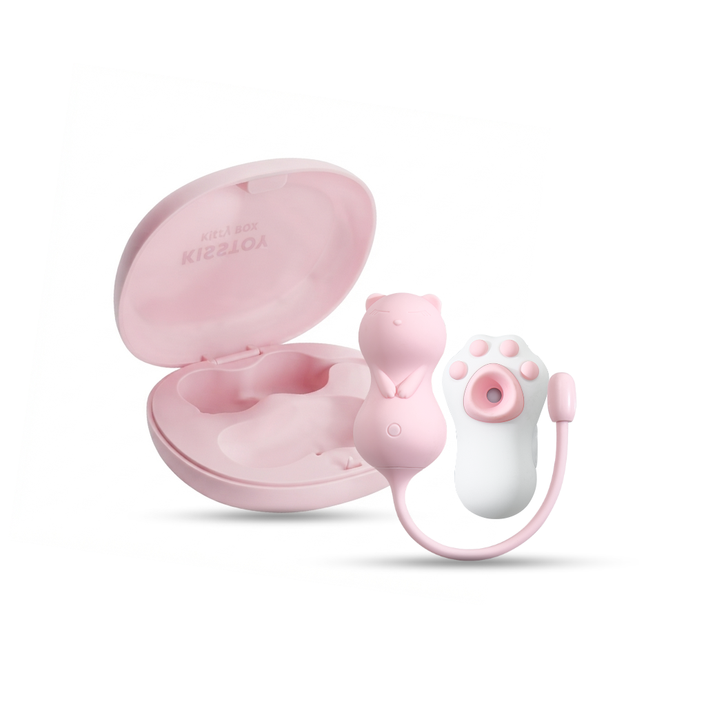 Translucent pink clamshell case open, holding a white cat-paw suction unit and pink egg vibrator