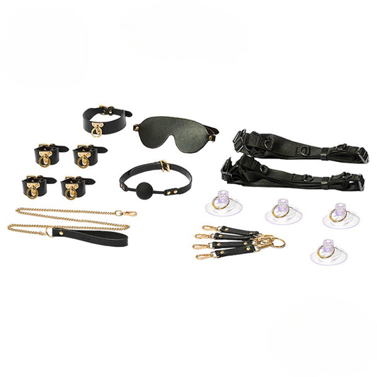 Complete KISSTOY® JOY BOX BDSM Bondage Play Set with cuffs, blindfold, gag, leash, straps, and connectors.