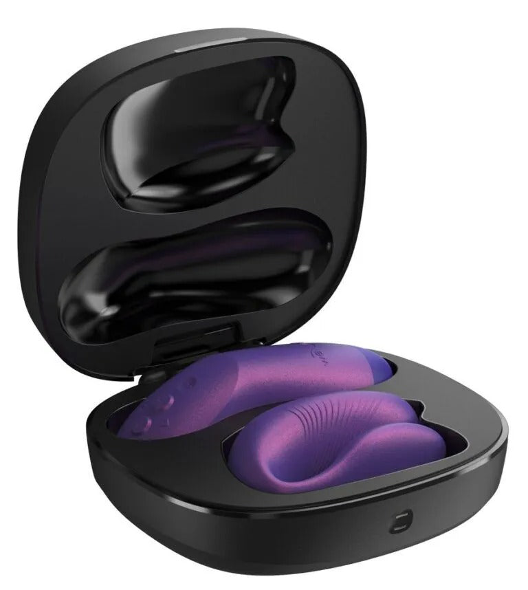 We-Vibe Chorus Pro purple vibrator and remote displayed next to the retail box