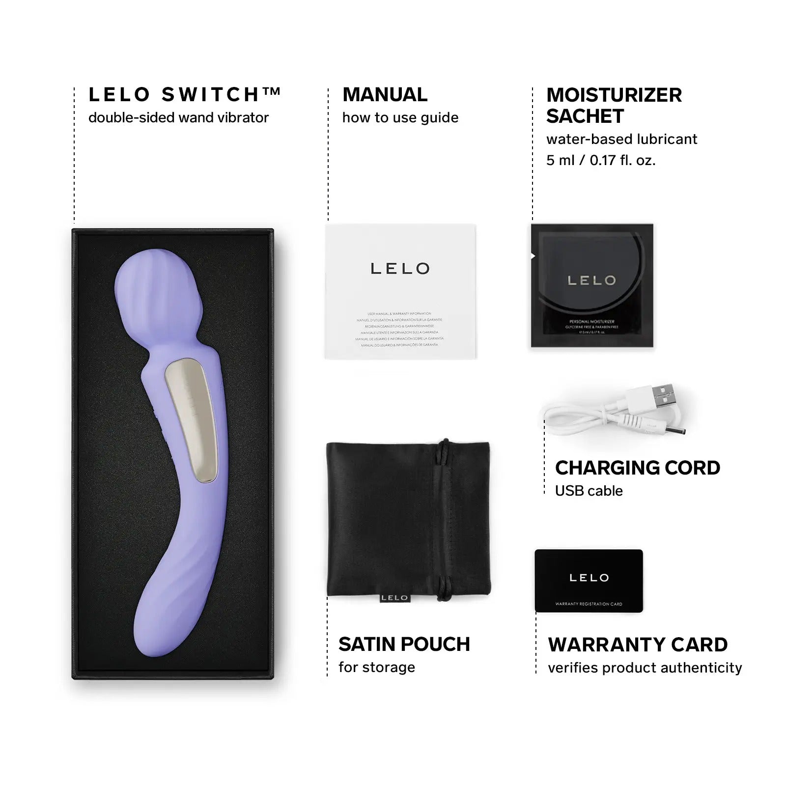 Lelo Switch lilac double-sided wand vibrator in box with included items: manual, lubricant sachet, USB charging cord, satin pouch, and warranty card.