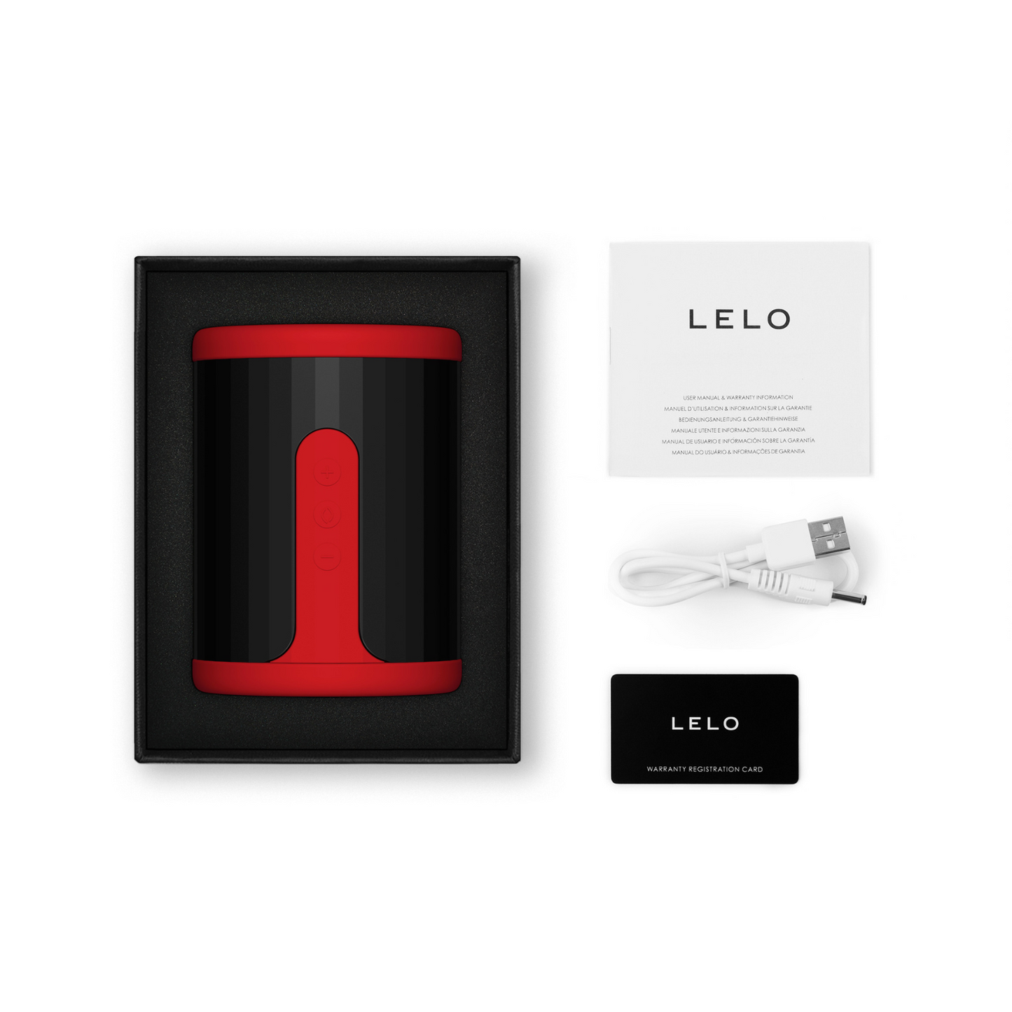 Complete Lelo F2S red edition set including device, charging cable, and user manual.