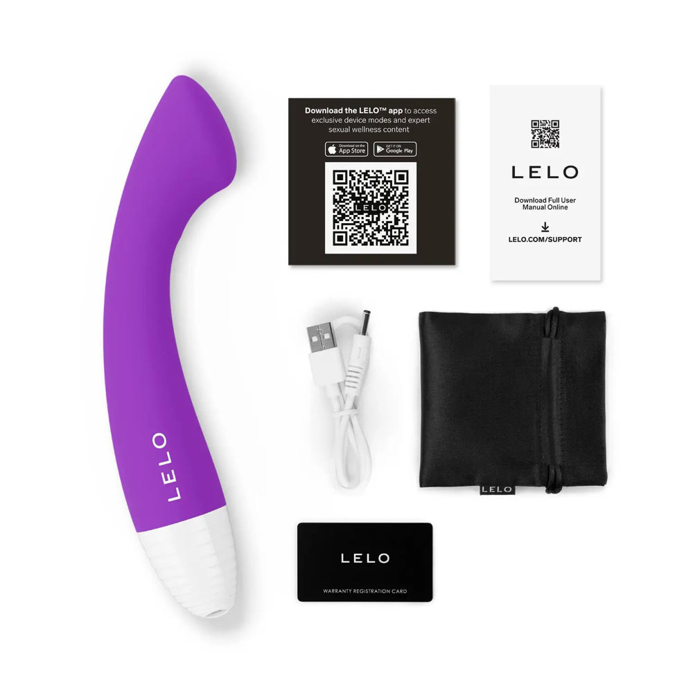 LELO vibrator set including curved toy, USB charger, storage pouch, and instructions.