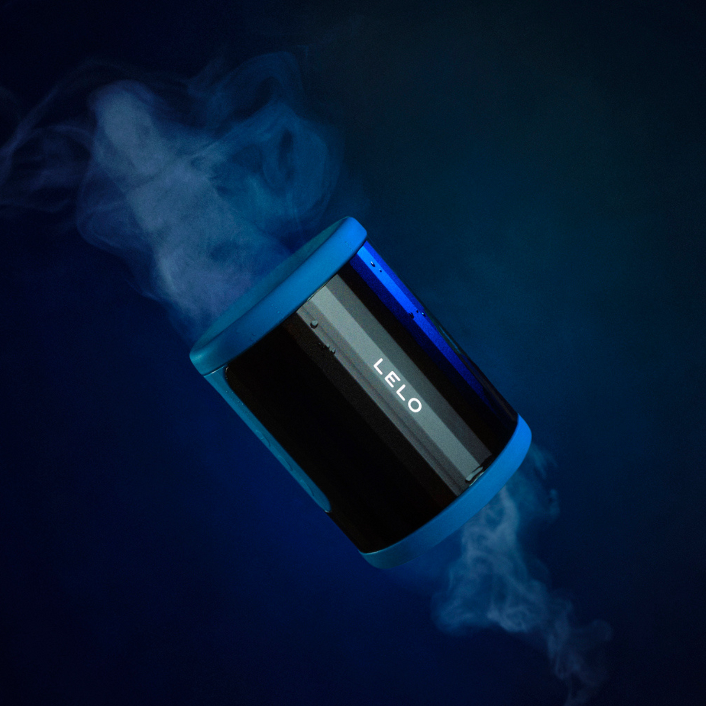 Lelo F2S illuminated with a glowing blue light effect against a dark background.