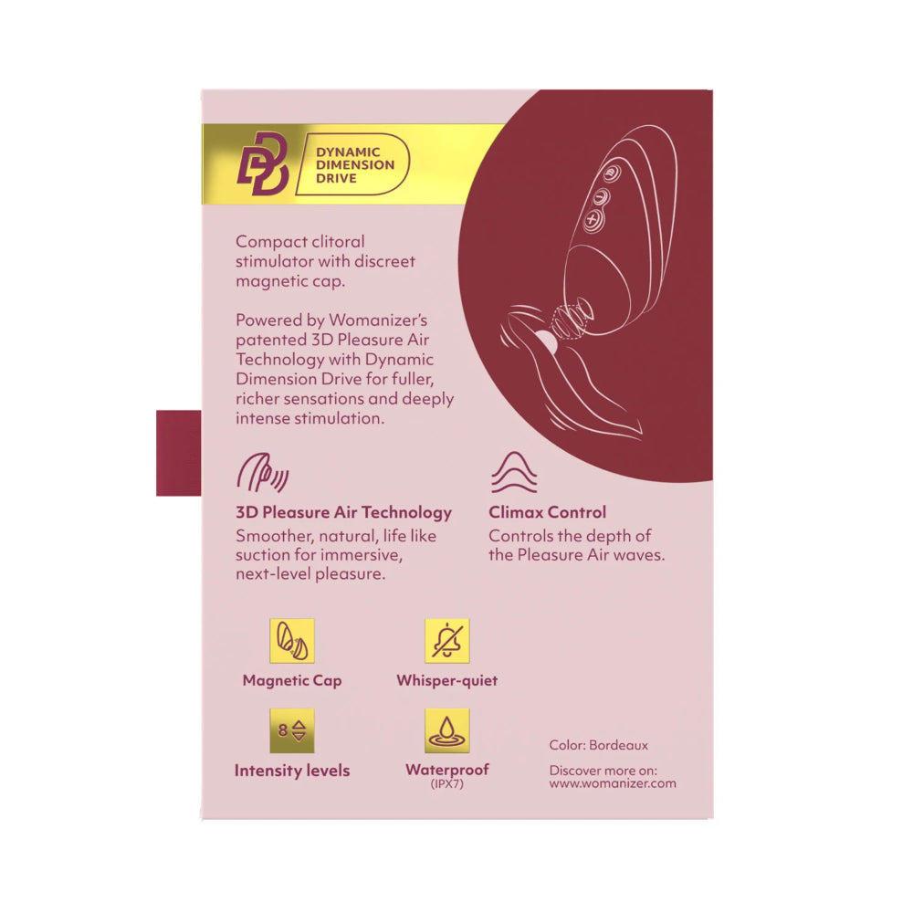 Back of the Womanizer Next Liberty packaging displaying features, specifications, and product information.