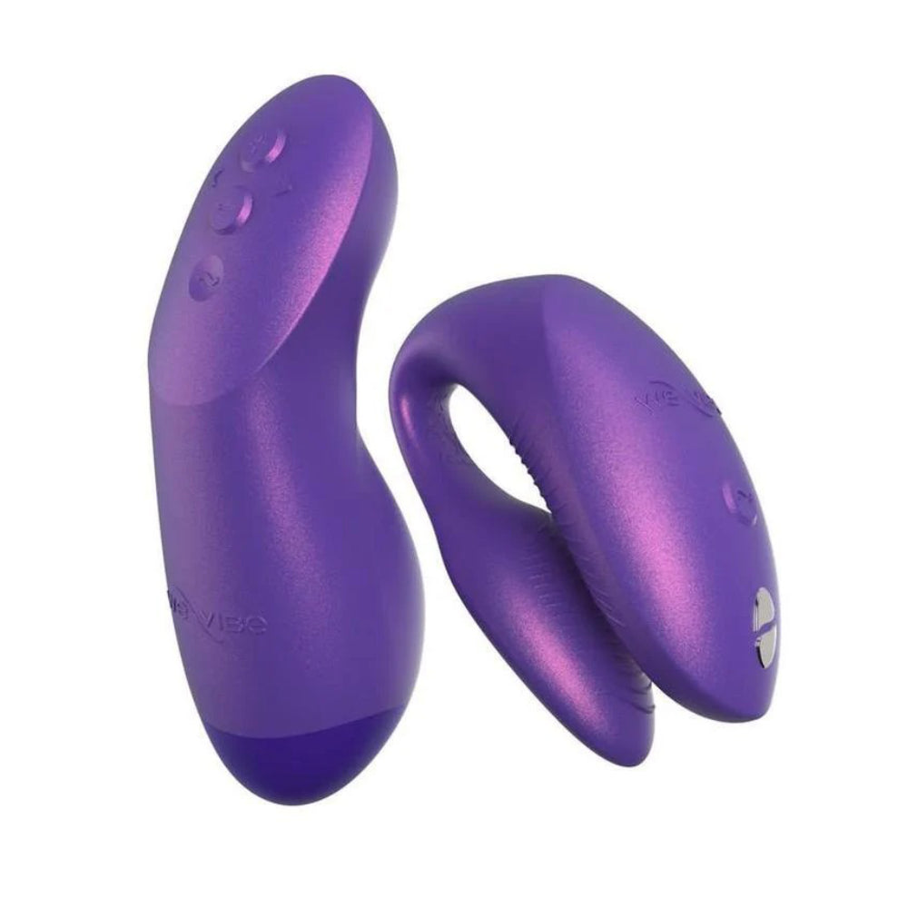 Close-up of the purple We-Vibe Chorus Pro vibrator beside its matching haptic remote.