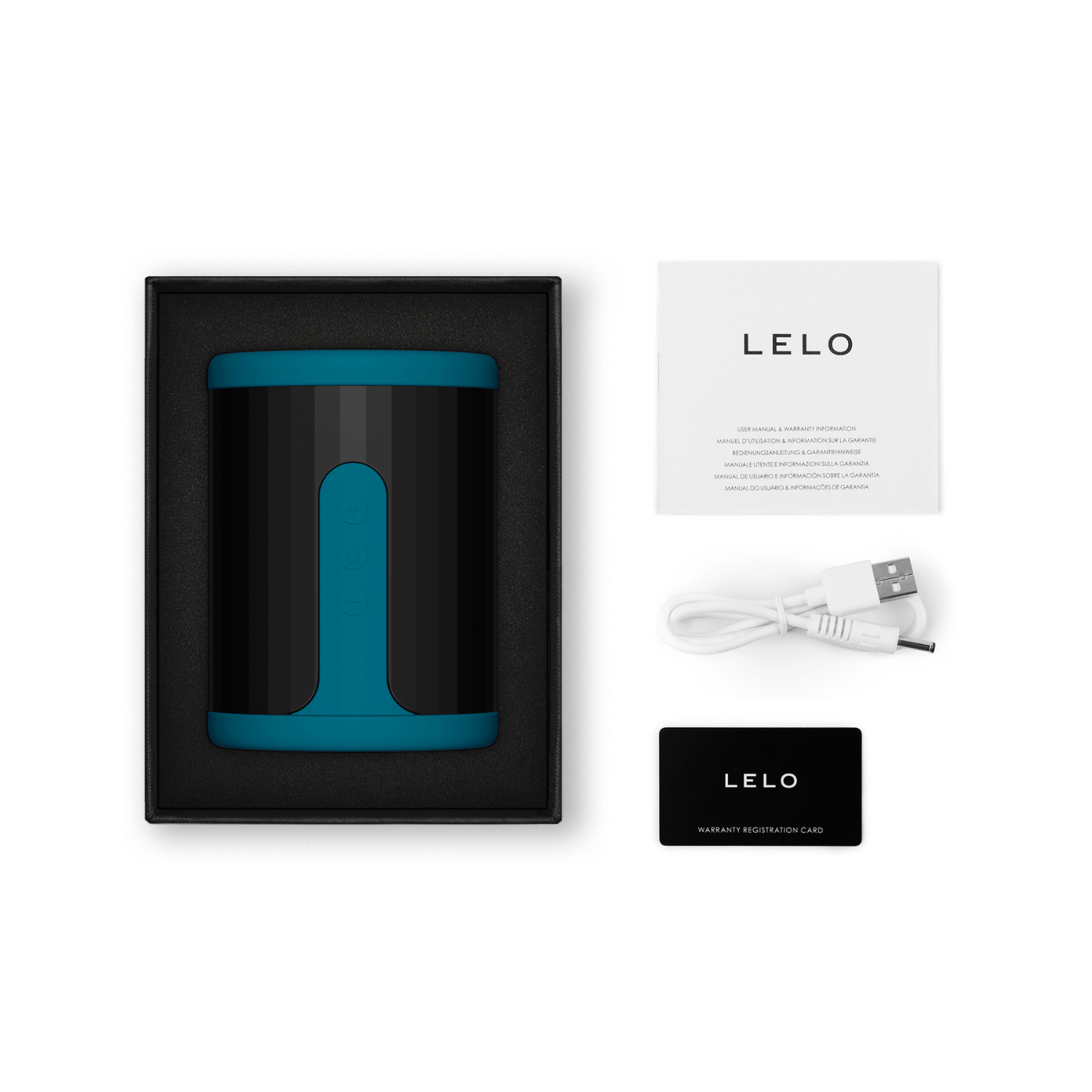 Complete Lelo F2S set including device, charging cable, instruction manual, and box.