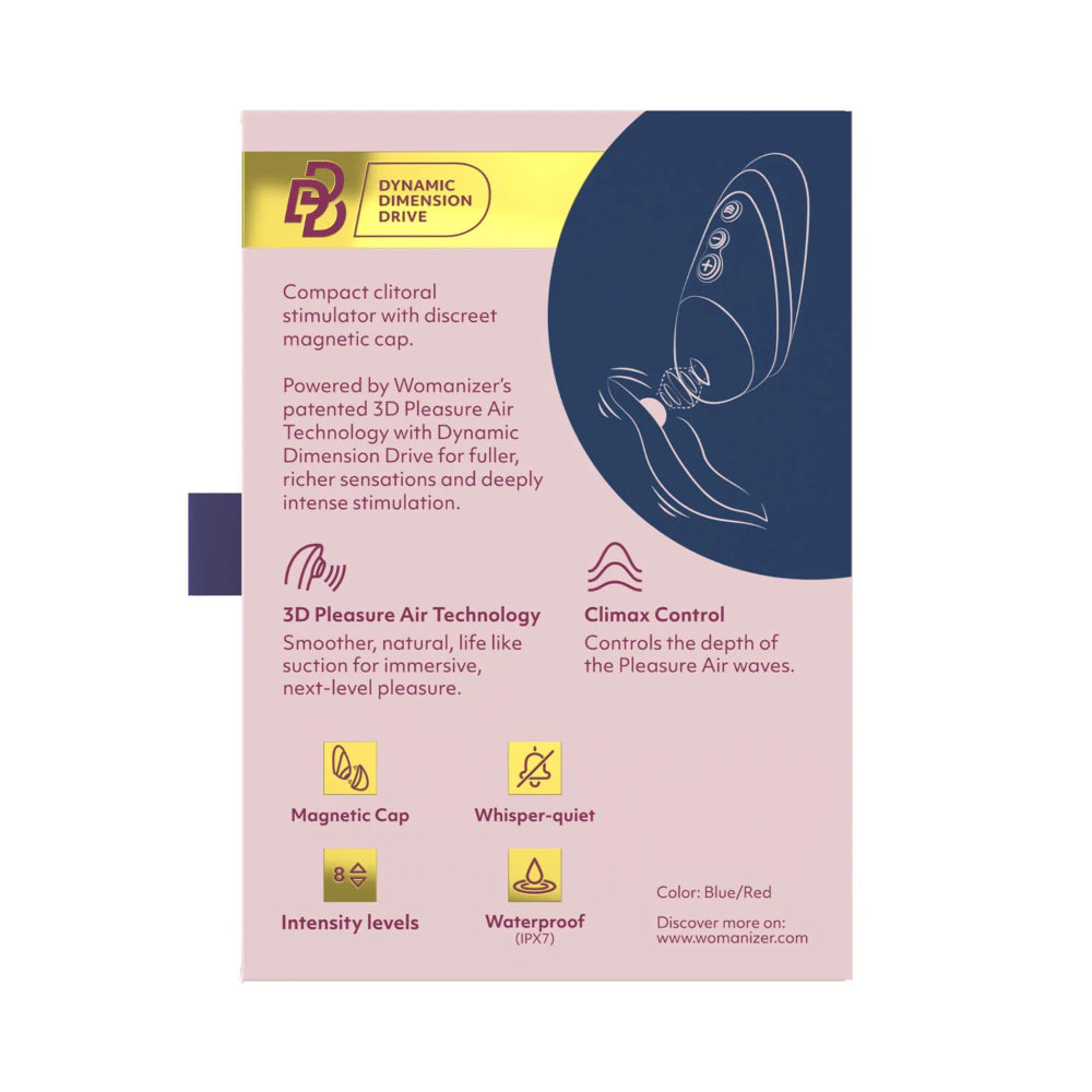 Back of the Womanizer Next Liberty packaging showing product features, specifications, and usage information.