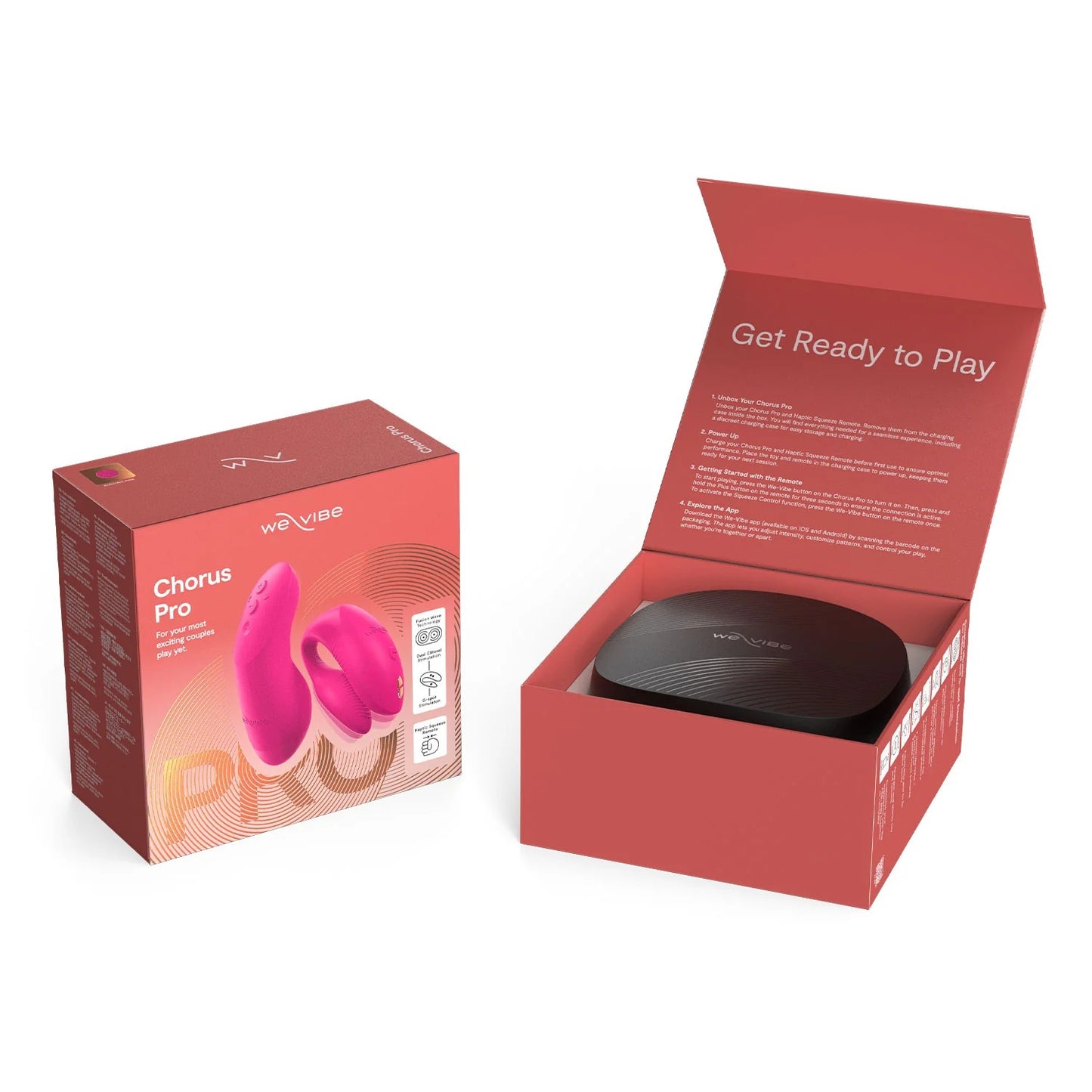 Opened We-Vibe Chorus Pro packaging showing the vibrator, remote, and accessories neatly arranged.