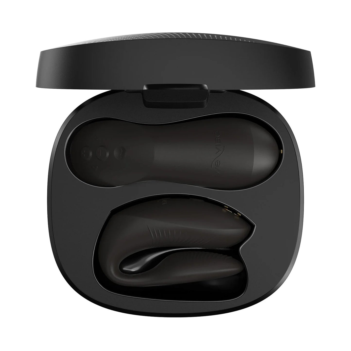 Black We-Vibe Chorus Pro and gray charging case displayed side by side