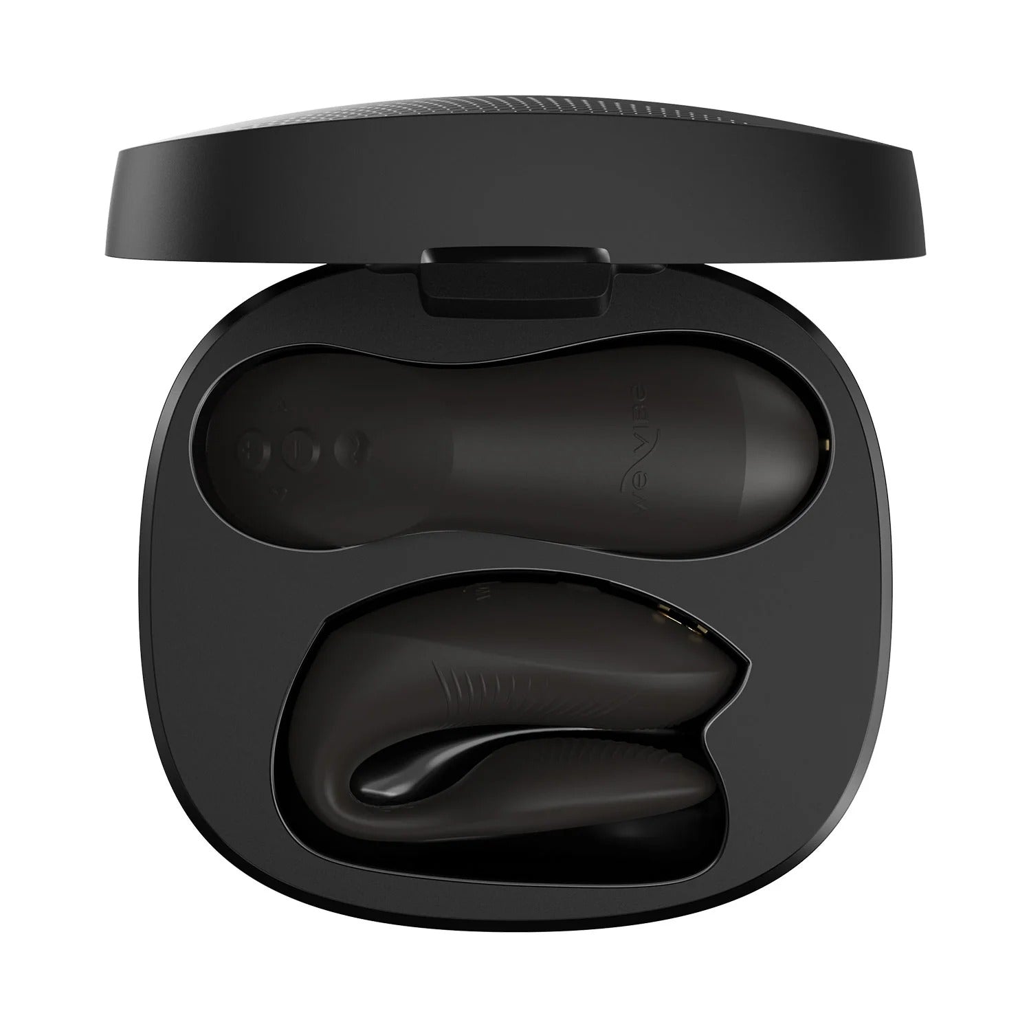 Black We-Vibe Chorus Pro and gray charging case displayed side by side