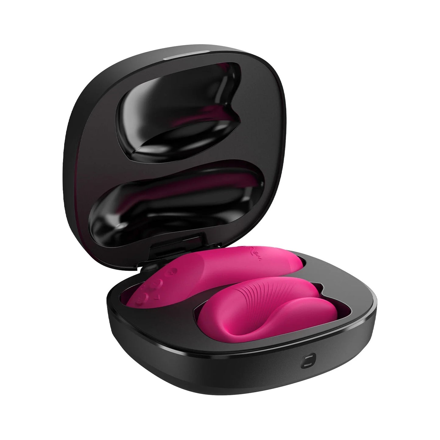 Open charging case revealing We-Vibe Chorus Pro vibrator and remote positioned securely inside.