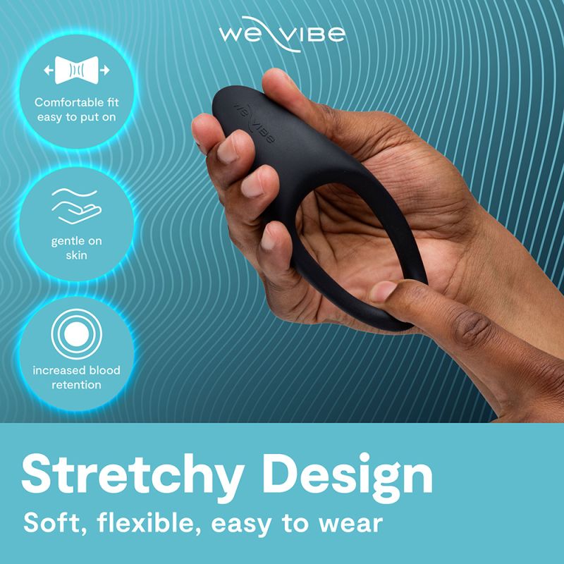Hand stretching Verge 2 flexible silicone ring to show comfort and fit