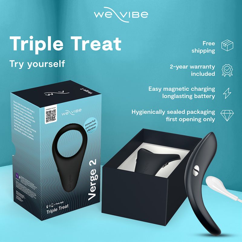 Verge 2 product box opened to show vibrator and charging accessories