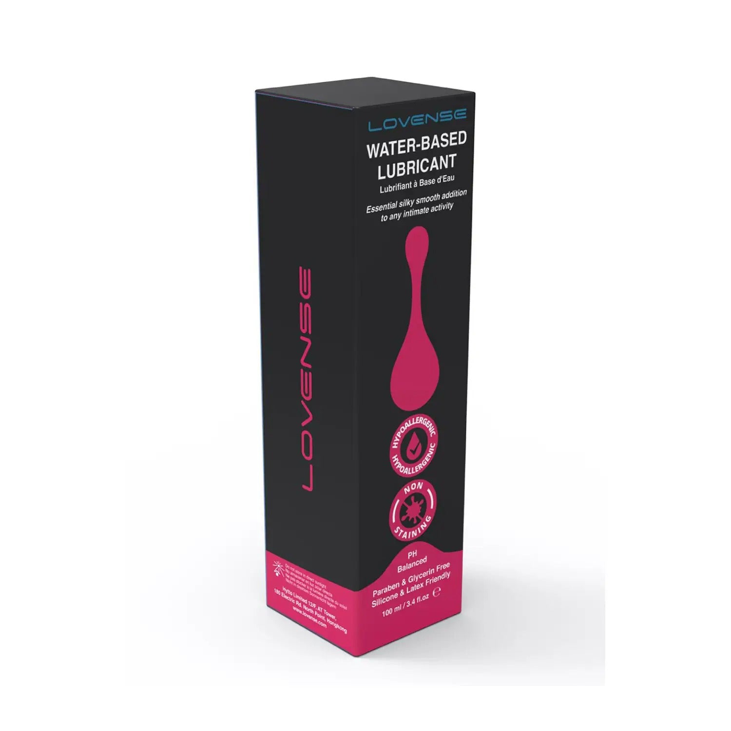 Black and pink lubricant product box standing upright against white background.