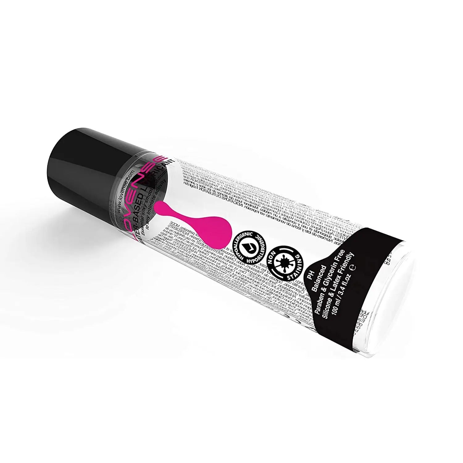 Lubricant tube with black cap lying sideways showing pink label design.