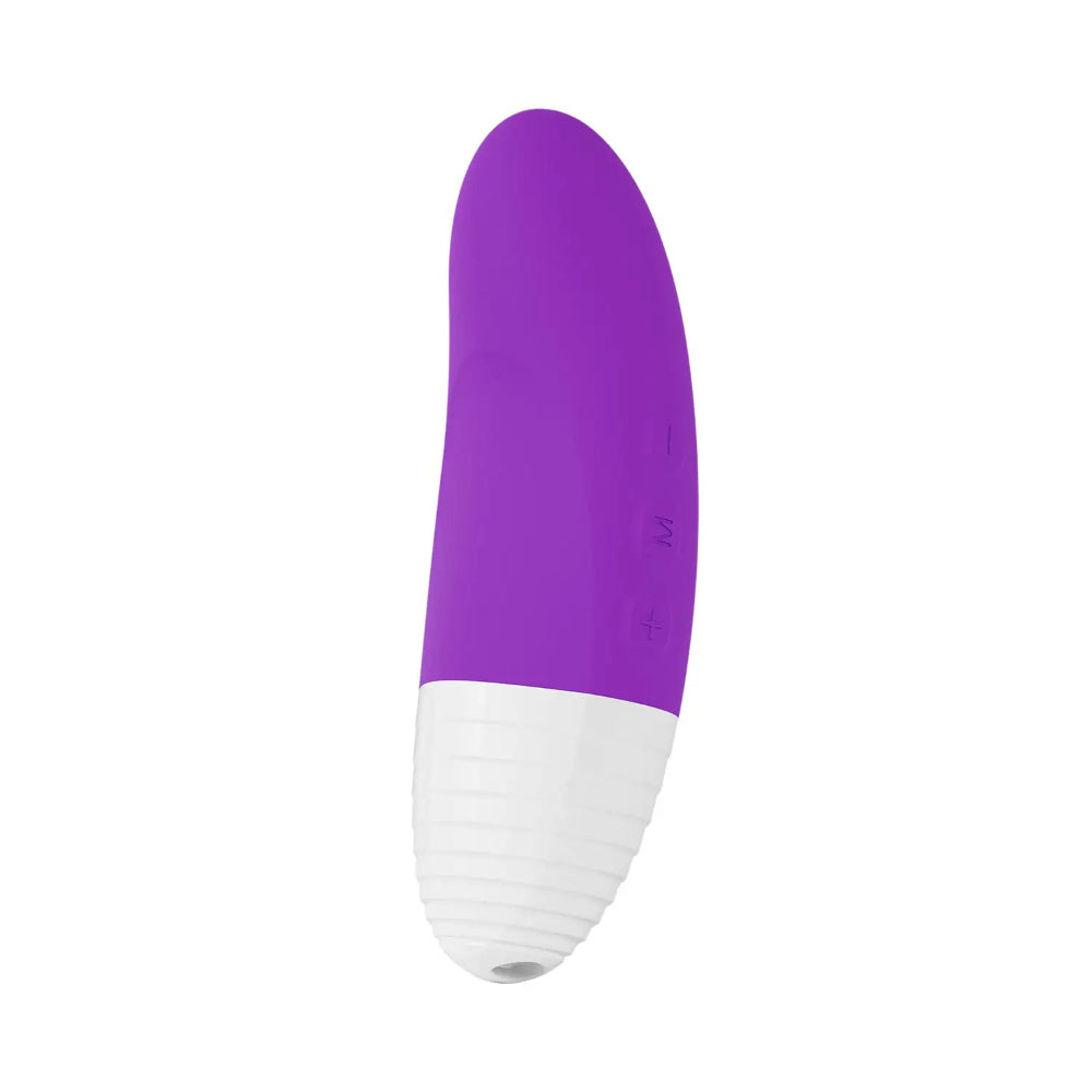 Purple clitoral vibrator with white base shown on plain background to highlight ergonomic shape.