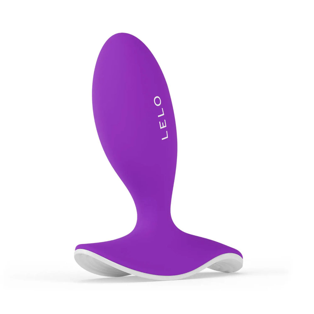 Purple app-controlled prostate vibrator displayed alone to showcase ergonomic curved design.