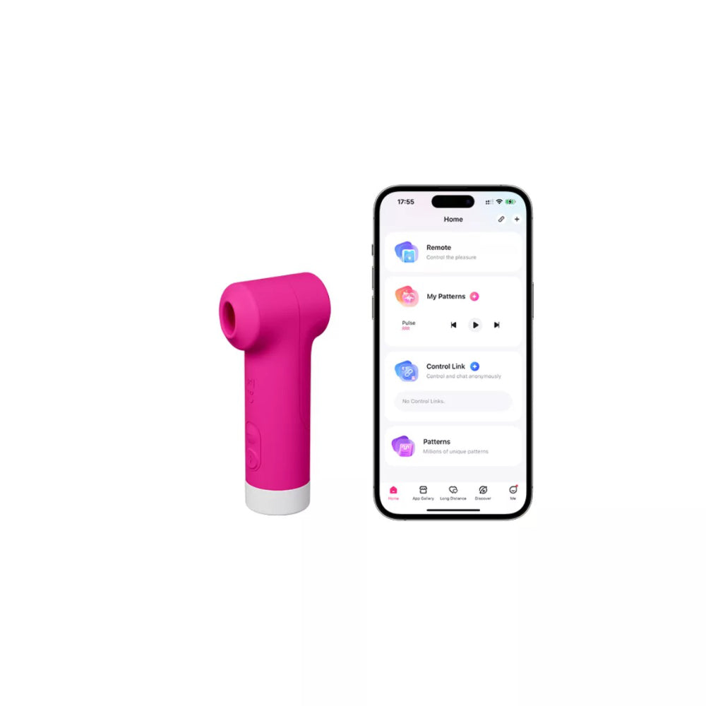 Smartphone app connected to pink wearable suction vibrator for remote customization