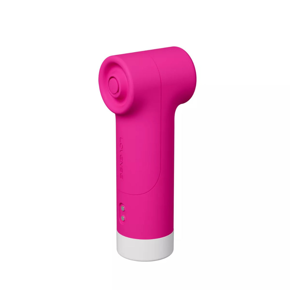 Pink air pulse stimulator showing compact curved body and wide suction opening