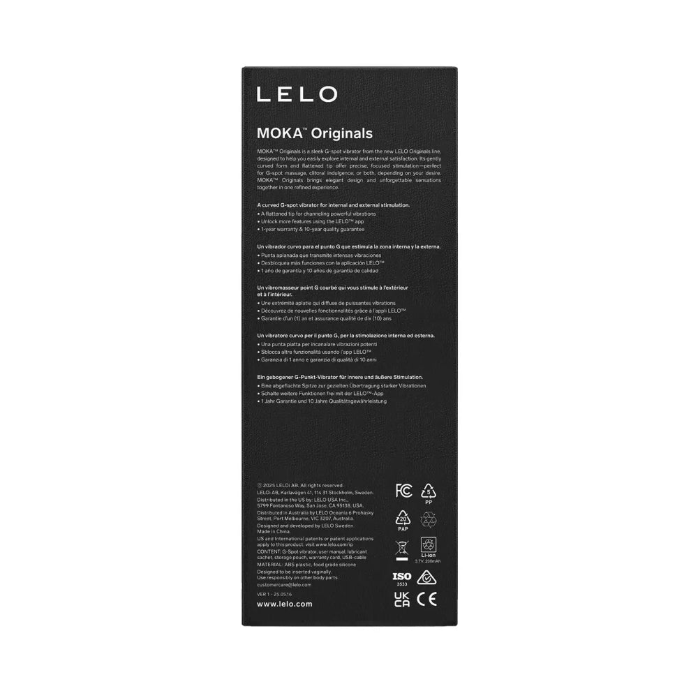 Black packaging box of LELO vibrator with technical specifications and product details.