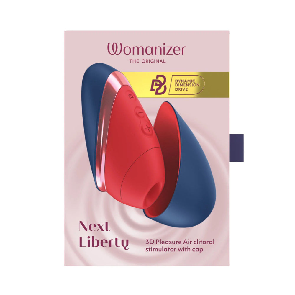 Front of the Womanizer Next Liberty packaging showing product features, specifications