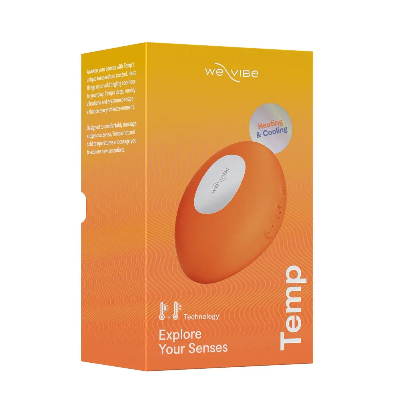 We-Vibe Temp orange vibrator retail box with product image and details.