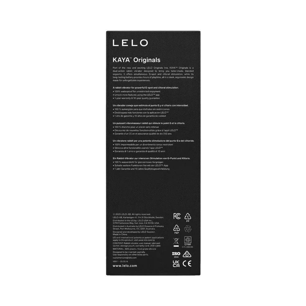 LELO vibrator packaging box with product specifications for G-spot and clitoral stimulator.