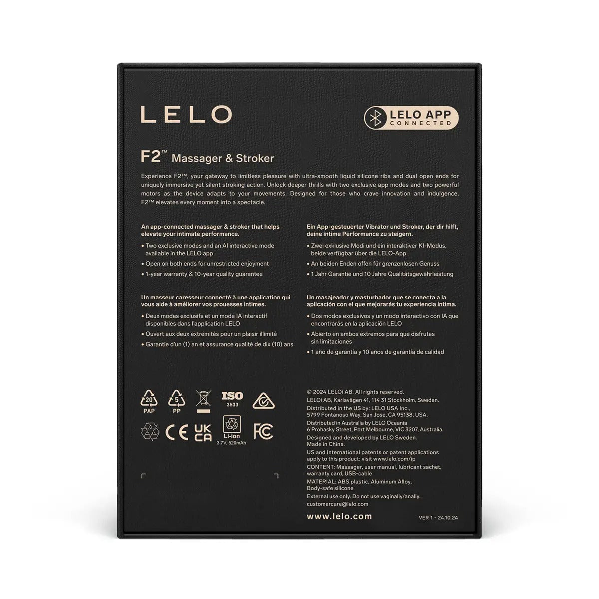 Back view of Lelo F2S box displaying specifications, usage instructions, and safety labels.