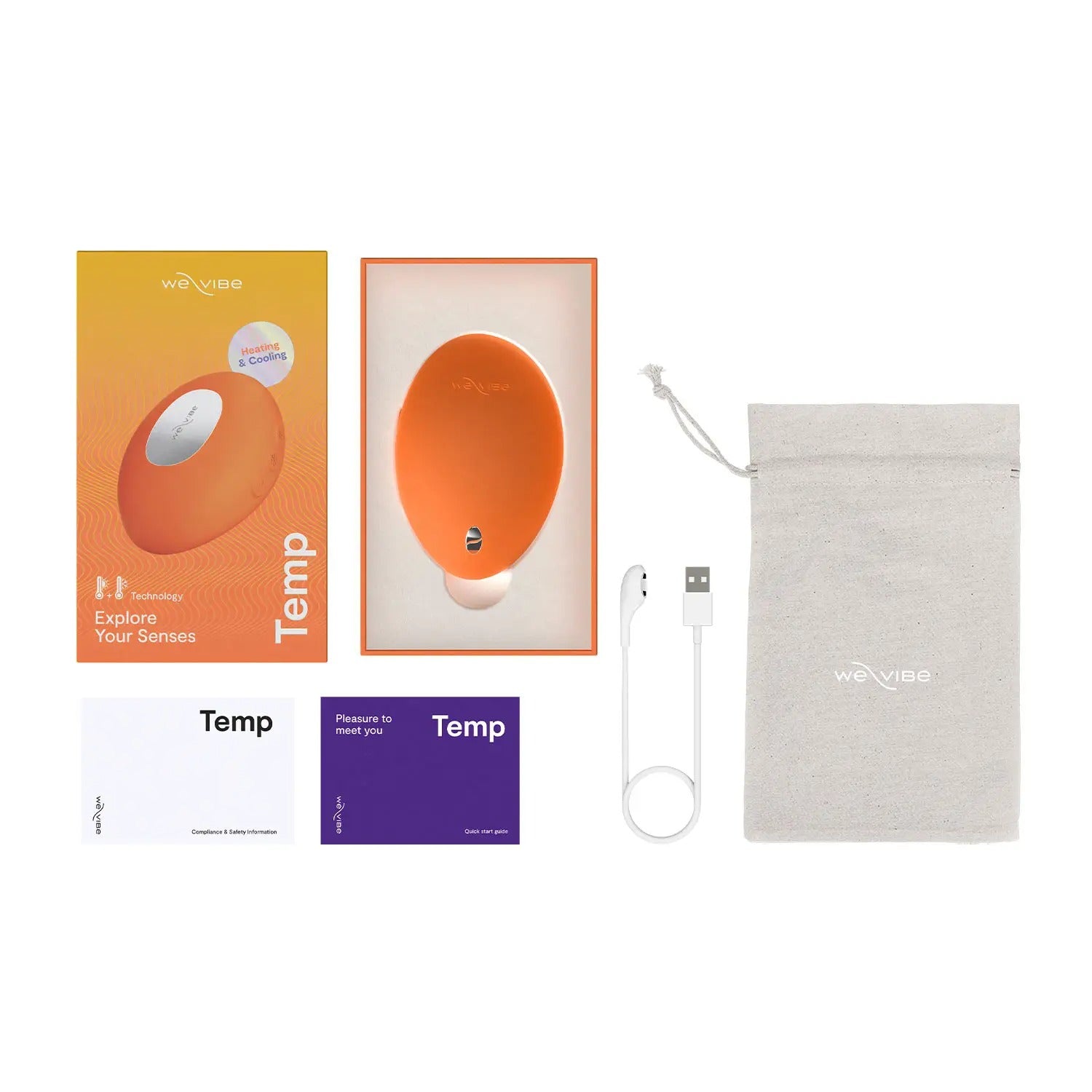 We-Vibe Temp orange vibrator set with box, pouch, charging cable, and guide.