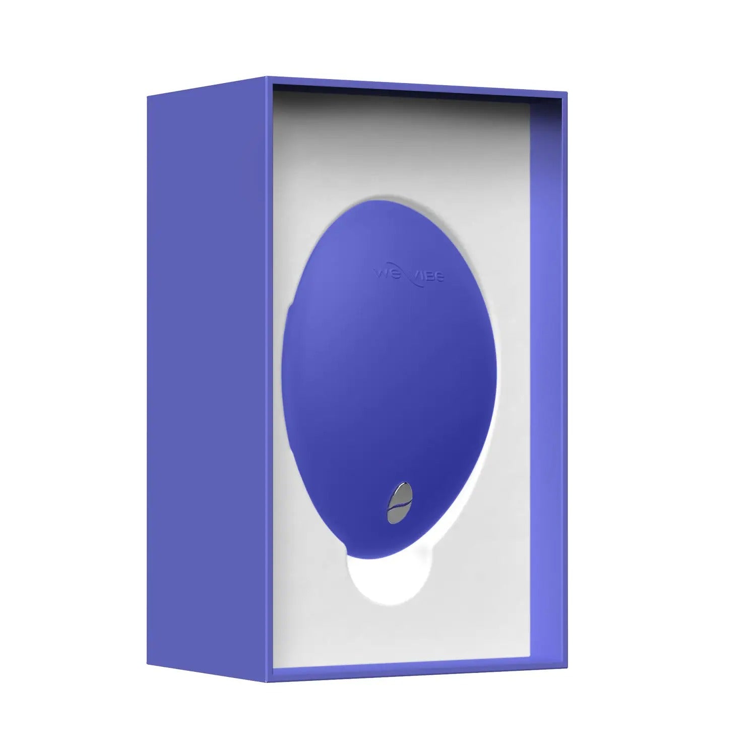 Lavender blue We-Vibe Temp securely placed inside retail box packaging.