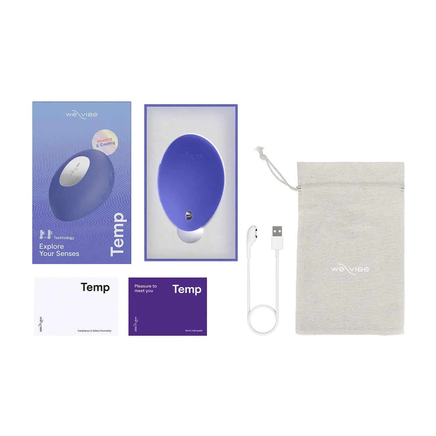We-Vibe Temp vibrator set including box, charger, pouch, and instructions.