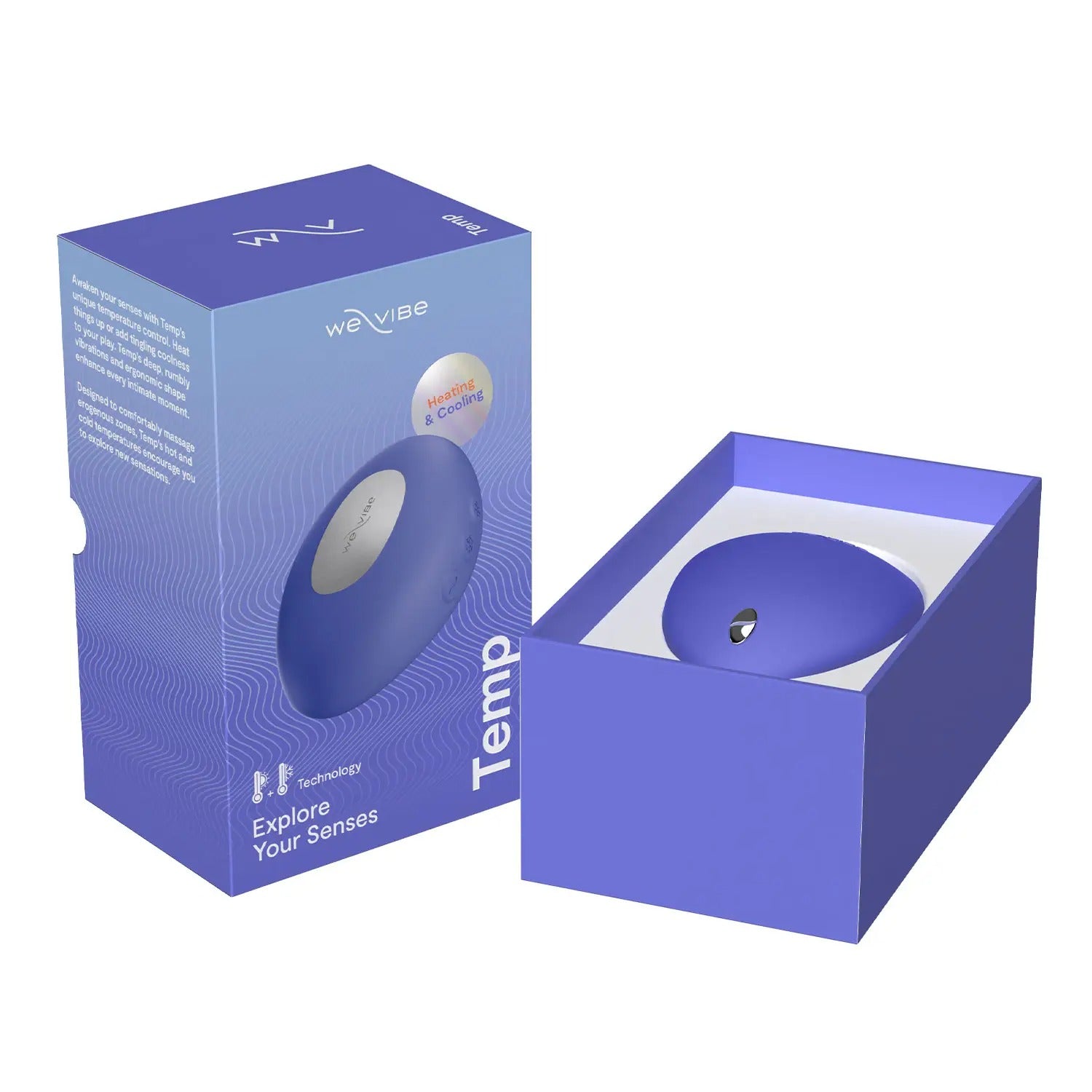 Open We-Vibe Temp packaging showing lavender blue vibrator inside the box.