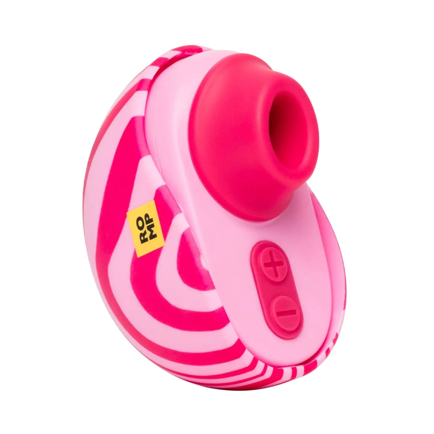 ROMP Spin clitoral stimulator shown details from a side its pink color and brand name