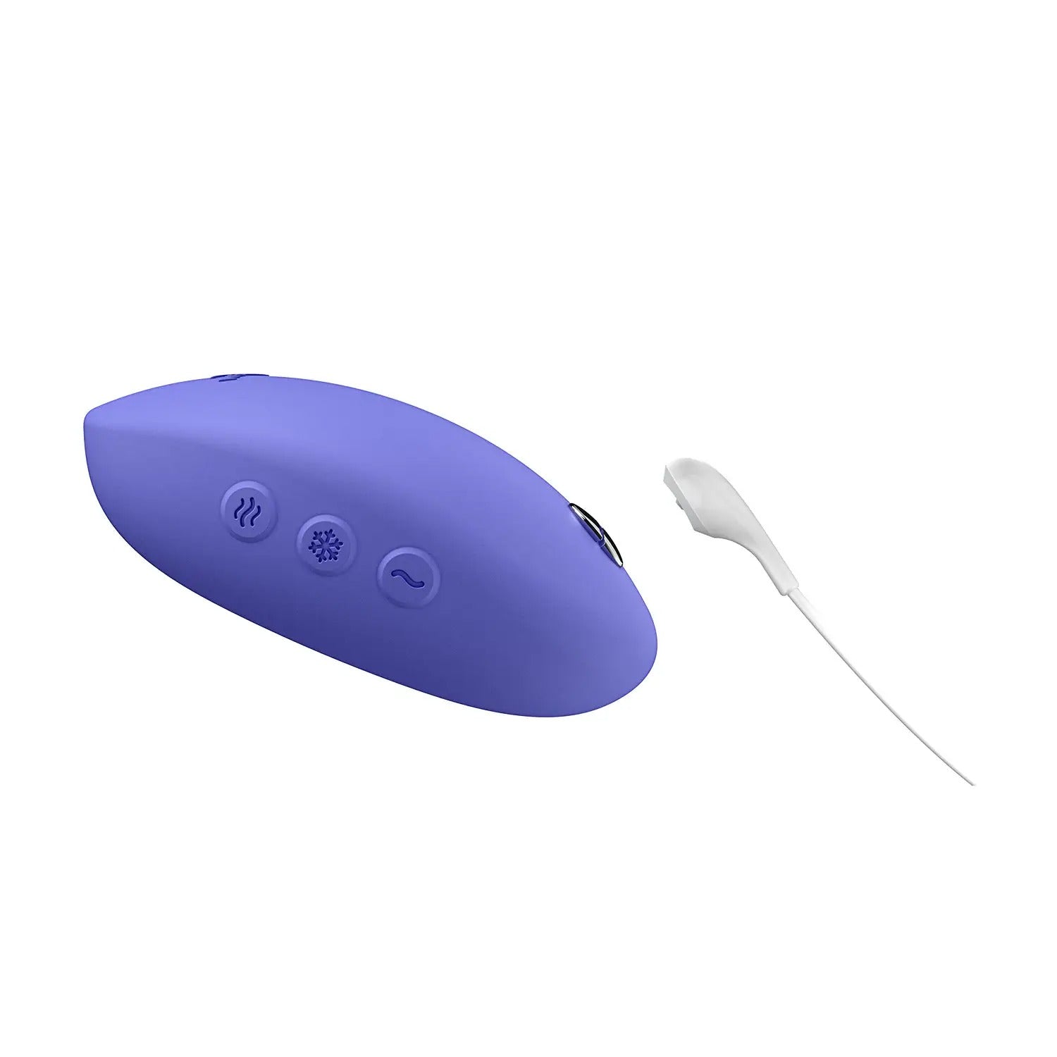 Side profile of We-Vibe Temp lavender blue vibrator with USB charging port.