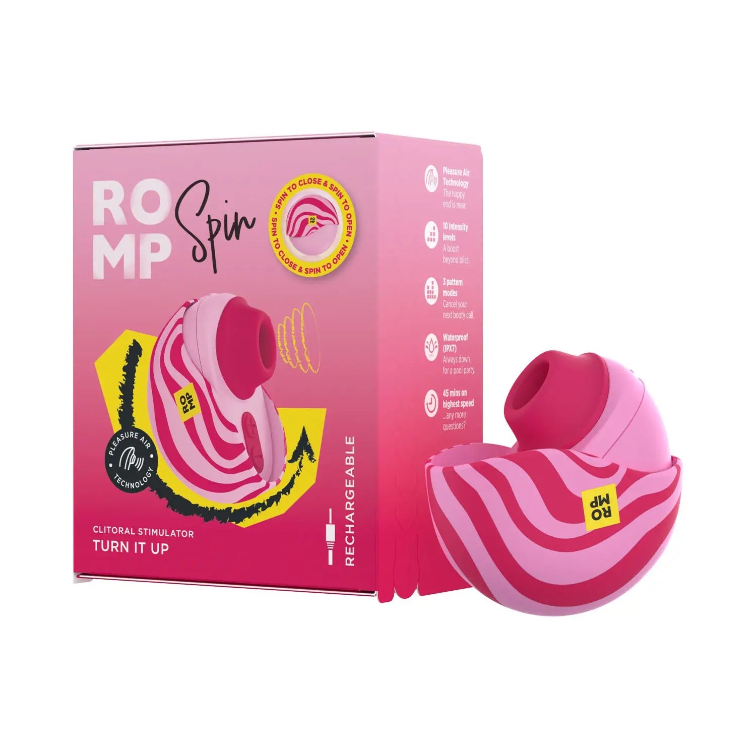 Close-up of ROMP Spin with packaging emphasizing color design and brand details.