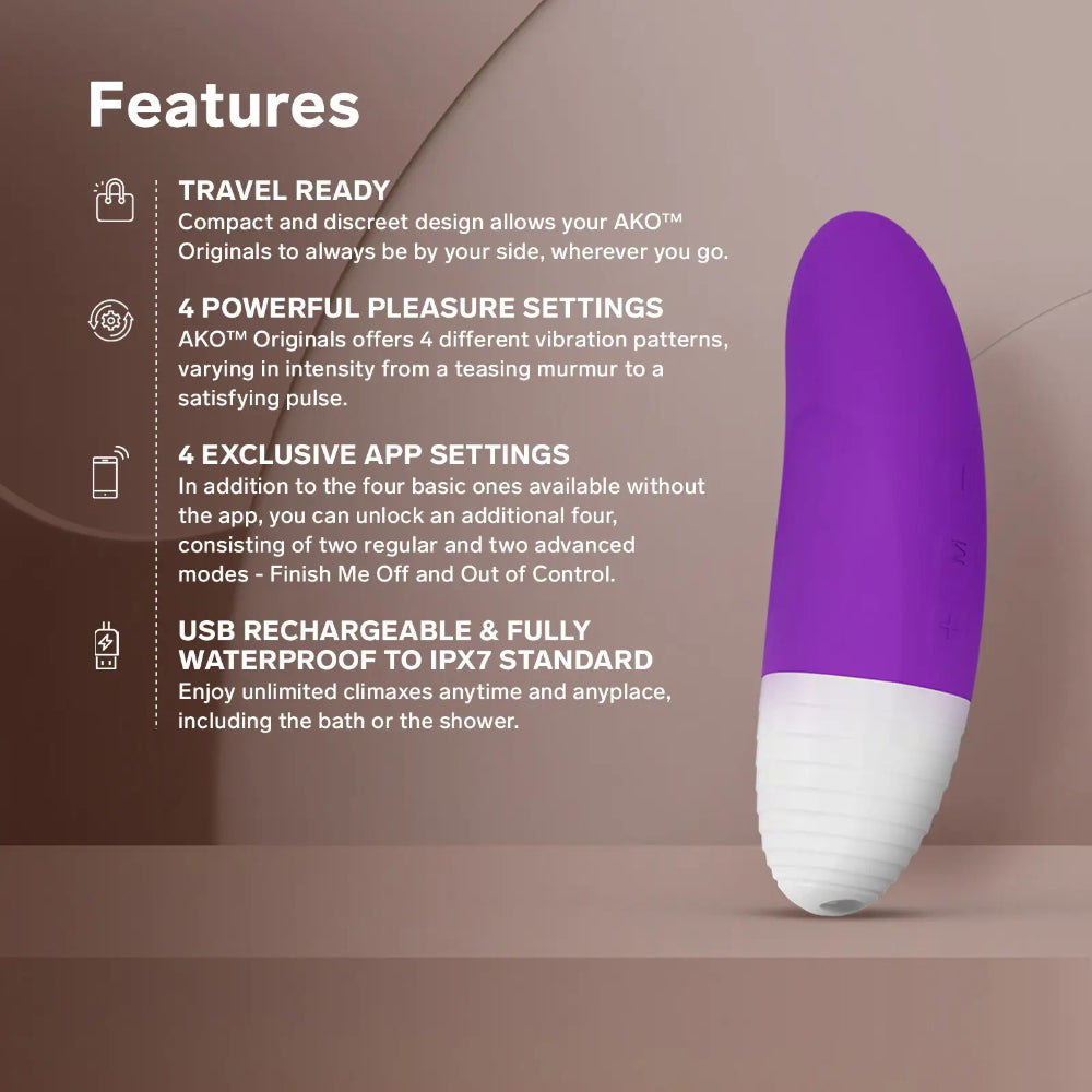 Highlighted product features with purple clitoral massager displayed against soft brown background layout.