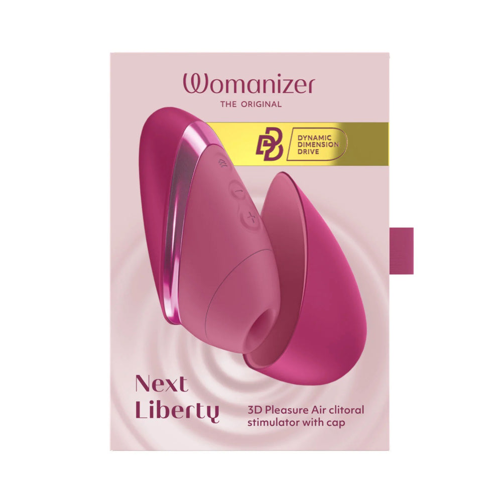 Front of the Womanizer Next Liberty packaging showing product name and features.