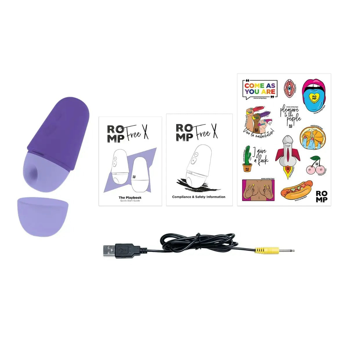 ROMP Free X clitoral stimulator with  USB charging cable for recharging.