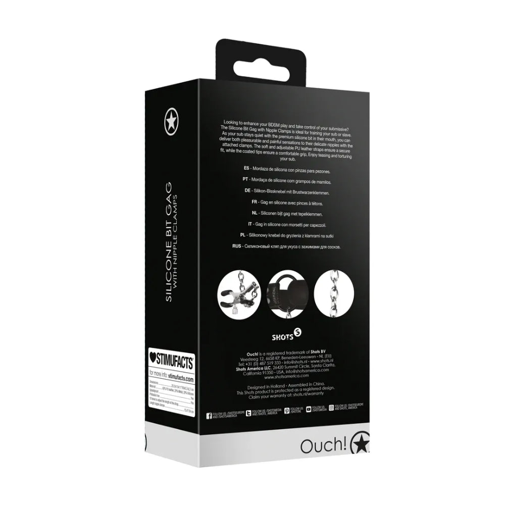 SHOTS Ouch! -Silicone Bit Gag with Nipple Clamps - Black