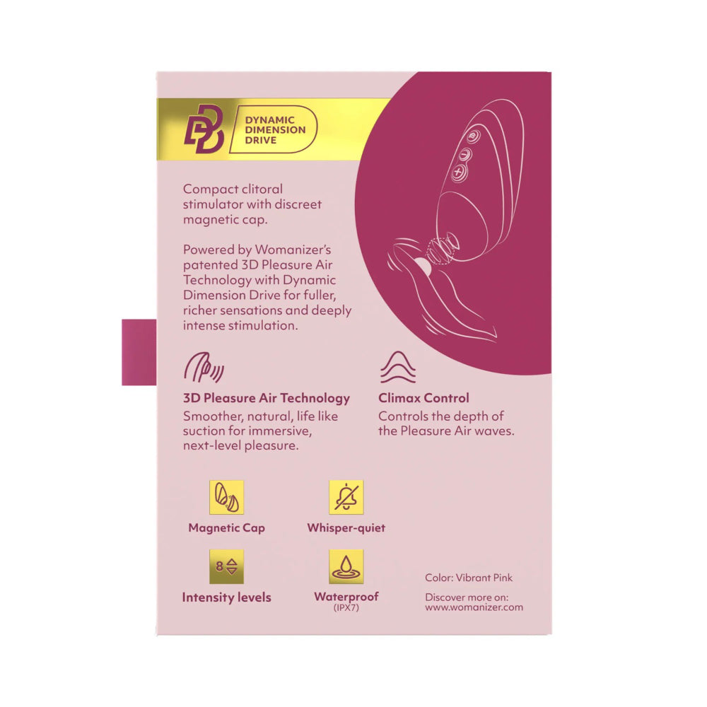 Back of the Womanizer Next Liberty packaging showing product features and technical specifications.