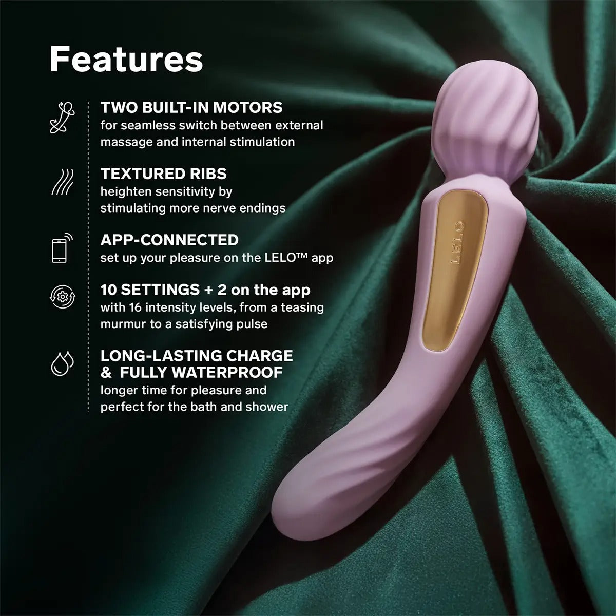 Lilac Lelo Switch wand vibrator showing dual ends and listed vibration features.
