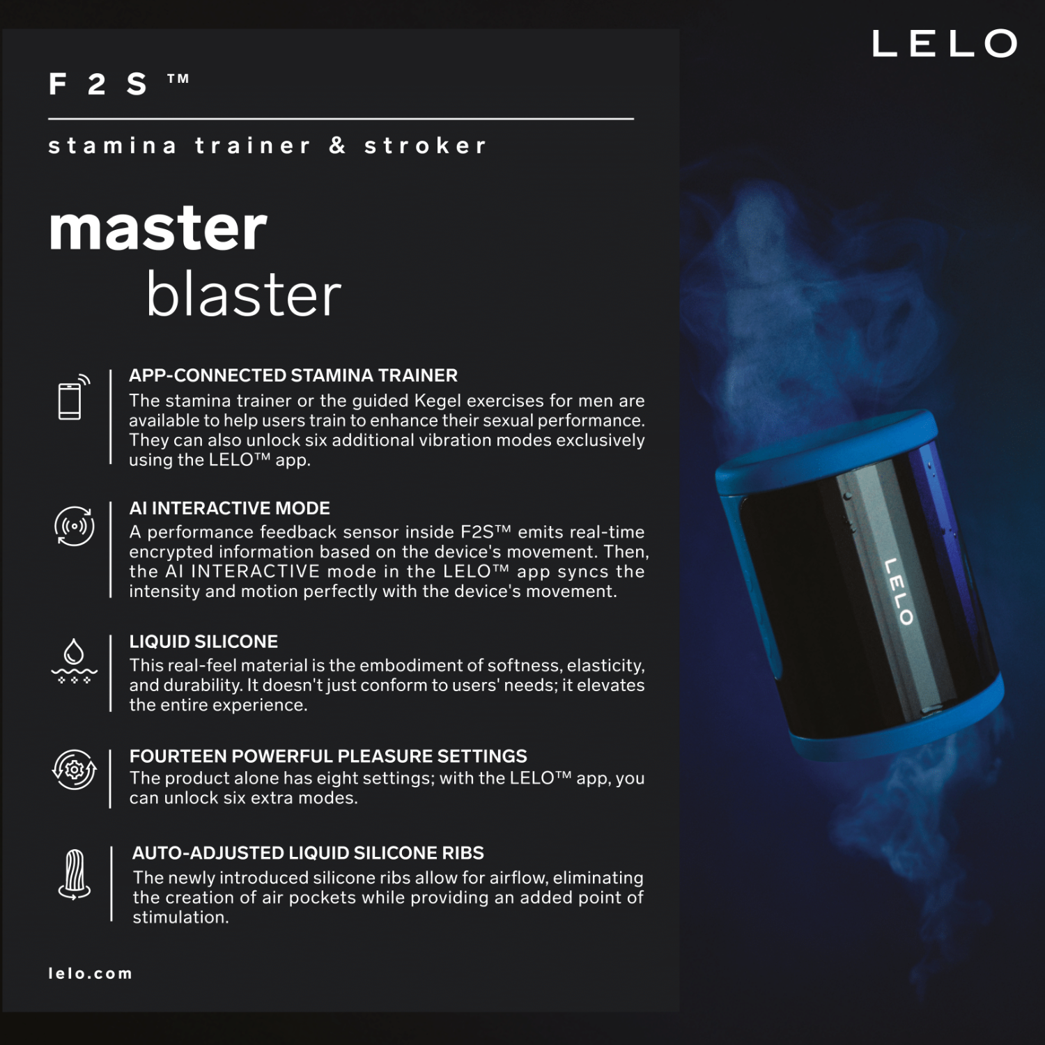 Close-up of Lelo F2S feature sheet highlighting master blaster functions and app control.