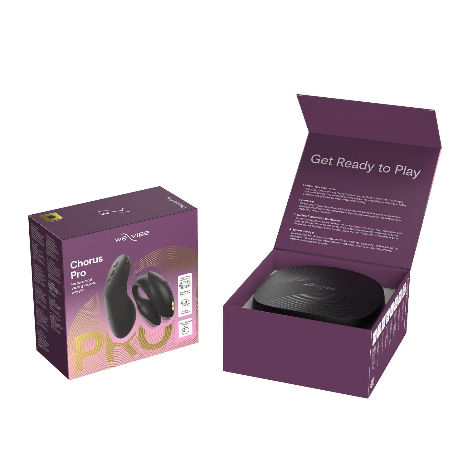 Opened We-Vibe Chorus Pro packaging showing the vibrator, remote, and accessories neatly arranged.