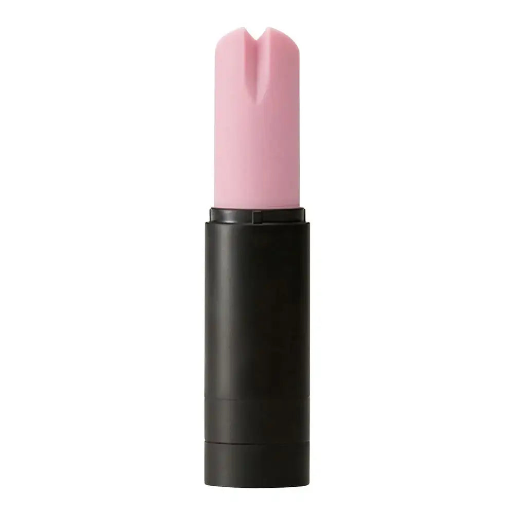 Angled view of lipstick-style vibrator showing smooth pink tip and black casing