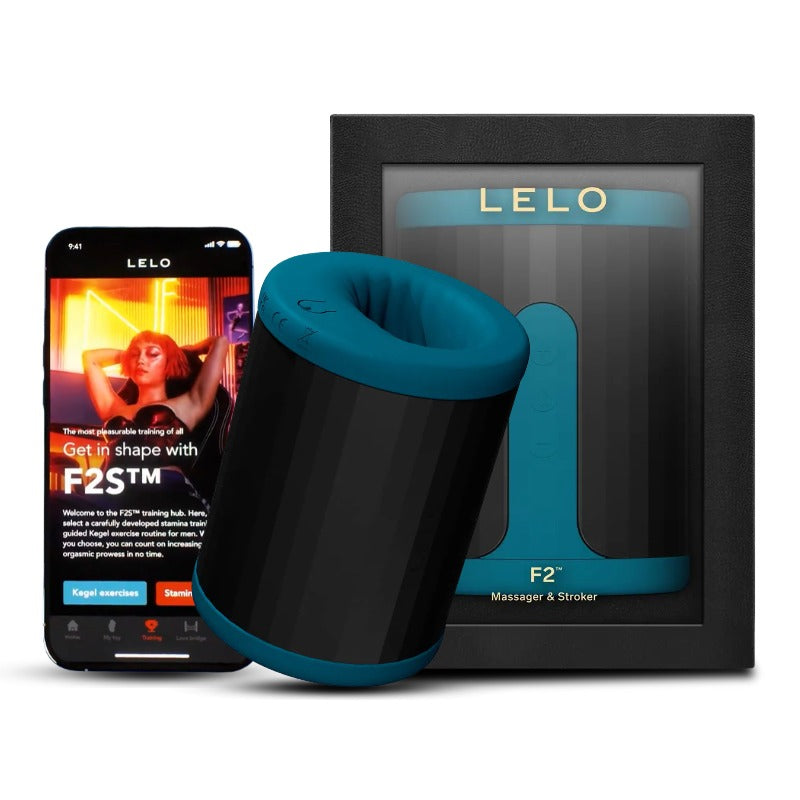 Lelo F2S app-controlled male stroker with smartphone display and retail packaging box.