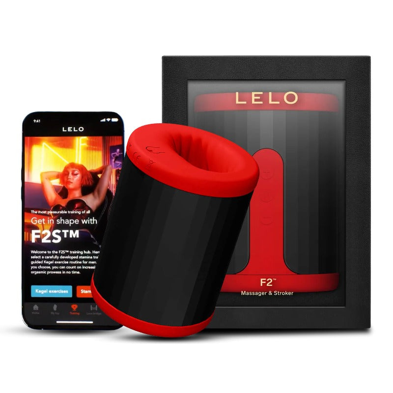 Lelo F2S red app-controlled male stroker shown with smartphone app and product box.