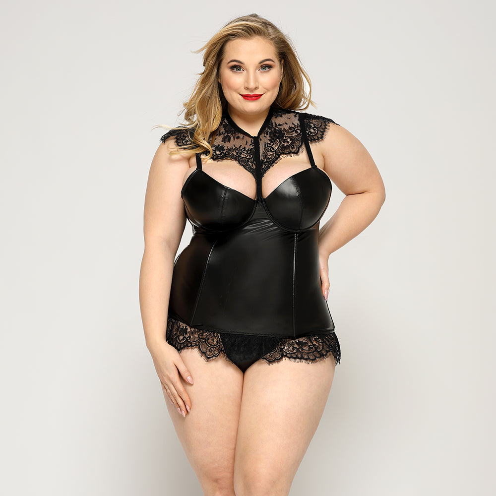 PLUS SIZE Bodysuit - 2 Pcs Black Leather-Look Corset with Floral Lace Trim and Hook Back Closure