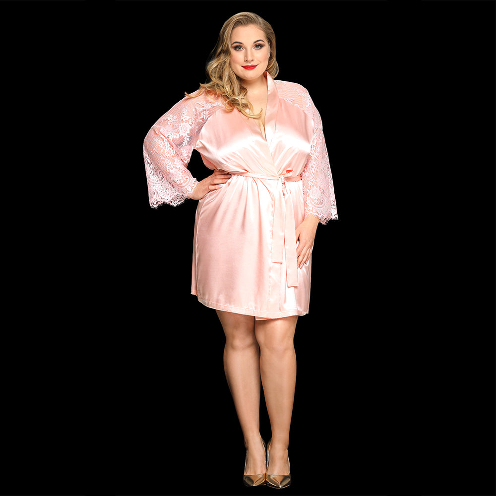 PLUS SIZE Babydoll - 3 Pcs Soft Pink Sleepwear Robe with Floral Lace Long Sleeves and Waist Belt