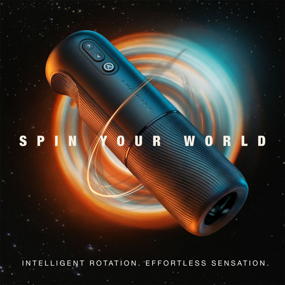 Black and orange cylindrical device with swirling light effects on a dark background, featuring text 'Spin Your World'.